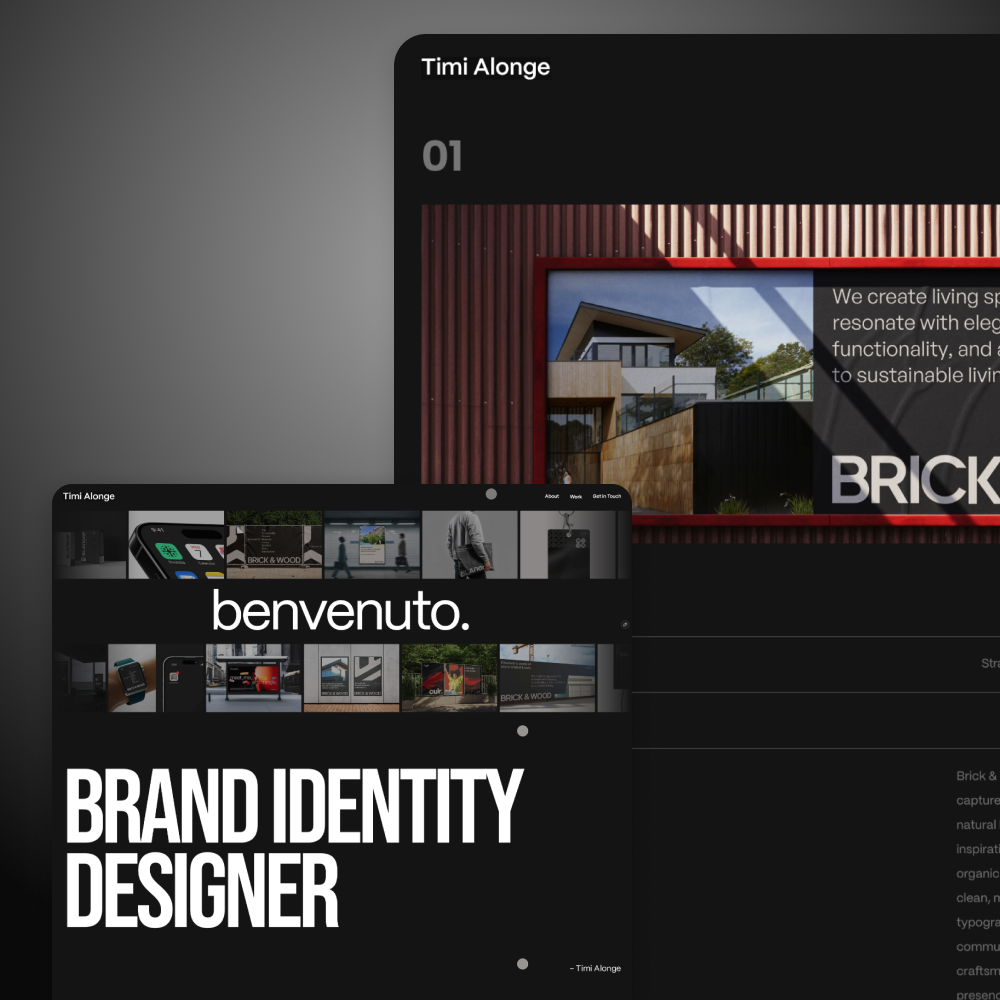 The Timi Alonge portfolio website, showing a grid of brand identity work